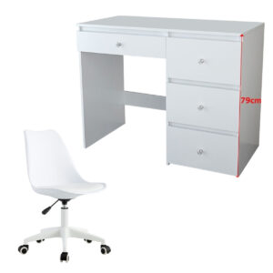 Modern White Swivel Desk Chair with Wheels & Work Desk with 4 Storage Cabinets – Home Office or Dressing Table"